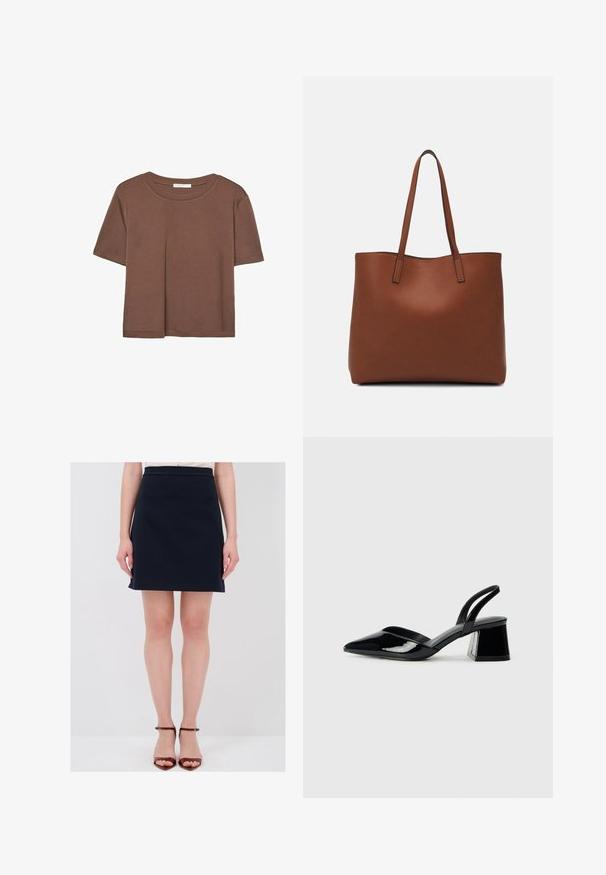 Hnědé tričko s krátkým rukávem vyrobené z měkké látky, s kulatým výstřihem a volným střihem. Bez viditelných vzorů nebo dekorací.; Tmavě modrá sukně ke kolenům s přiléhavým pasem, hladkým materiálem a nenápadnými bočními kapsami. V kombinaci s hnědými sandály na podpatku se šněrováním.; Černé lakované kožené lodičky na pásku s špičatou špičkou a geometrickým blokovým podpatkem. Vyznačují se elegantním, minimalistickým designem a hladkým povrchem.; Hnědá kožená taška přes rameno s hladkou texturou, otevřeným designem a dvěma ramenními popruhy. Obsahuje minimální švy a žádné viditelné kovové prvky.