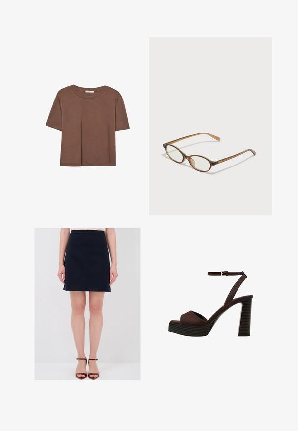 Kahvinsävyinen lyhythihainen t-paita, joka on valmistettu pehmeästä kankaasta. Pyöreä pääntie ja rento malli. Ei näkyviä kuvioita tai koristeita.; Tummansininen polvipituinen hame, jossa on kapea vyötärö, sileä kangas ja huomaamattomat sivutaskut. Yhdistetty ruskeisiin remmi-sandaaleihin, joissa on korkoa.; Ruske kožne sandale s visokom potpeticom, otvorenim prstima, podesivim kopčanjem oko gležnja i prugastim platformskim đonom.; Ruskeat kilpikonnaruutulasiset silmälasit, joissa ovaalit linssit, ohuet varret ja läpinäkyvät yksityiskohdat. Temppeleissä on huomaamaton logo. Suunnittelultaan suora ja kevyt.; Valkoinen rakenteellinen käsilaukku, jossa on lyhyet kahvat ja olkahihna, varustettu kultaisilla metalliosilla ja tekstuurilla, esillä harmaata taustaa vasten.