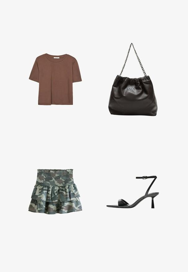 Hnedé tričko s krátkym rukávom vyrobené z jemného materiálu, s okrúhlym výstrihom a voľným strihom. Žiadne viditeľné vzory ani akcenty.; Sukňa v kamuflážovom vzore s volánmi a smockovaným pásom, ktorá má tri volánové vrstvy v tlmených zelených a šedých odtieňoch. Ľahký materiál.; Bershka Sandále na vysokom opätku - black; Hnedá kožená taška so zberaným vrchom a reťazovým popruhom. Hladký povrch s lesklým finišom a jemným švom po stranách.