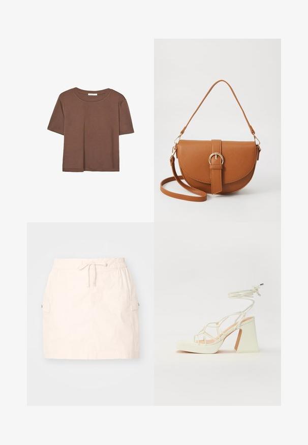Hnědé tričko s krátkým rukávem vyrobené z měkké látky, s kulatým výstřihem a volným střihem. Bez viditelných vzorů nebo dekorací.; Světlý béžový bavlněný sukénka s elastickým pasem se šňůrkami, dvěma bočními kapsami a rovného střihu. Hladká textura.; Bílé sandály na vysokém podpatku s robustním podpatkem, s designem s pásky a zavazováním kolem kotníku. Hladký povrch s platformou vpředu pro zvýšení výšky.; Hnědá kožená křížová taška s zakřiveným tvarem, zlatými detaily a akcentem s přezkou. Obsahuje odnímatelný popruh na rameno.