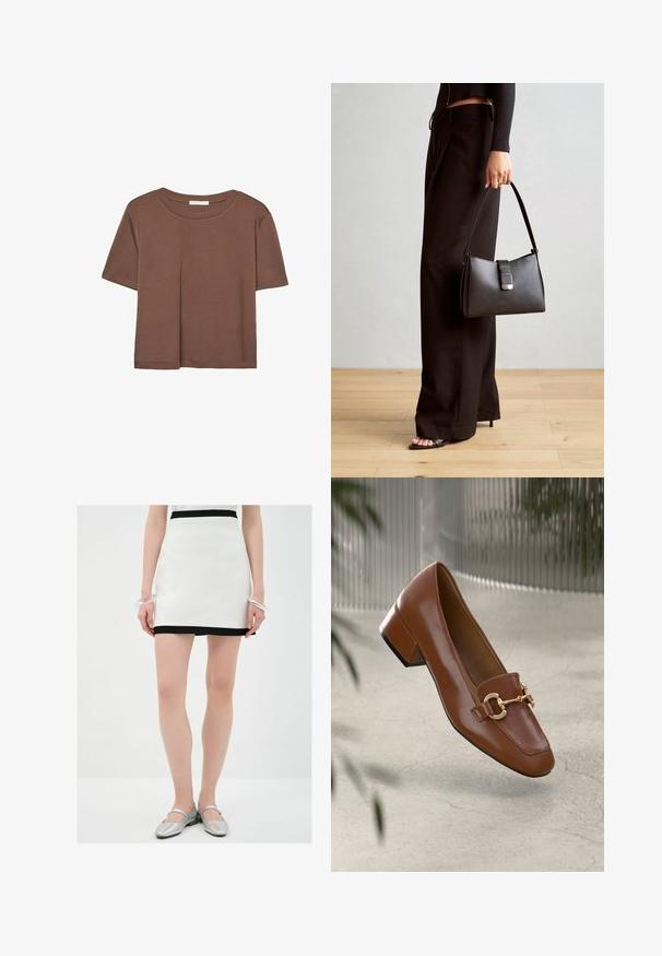 Korte mouwen T-shirt in bruin, gemaakt van een zachte stof, met een ronde halslijn en een relaxte pasvorm. Geen zichtbare patronen of accenten.; Witte mini-jurk met een zwarte zoom, gemaakt van een gladde stof. Het model draagt zilveren flats en een transparante armband om een pols.; Bruine lakleren loafer met vierkante neus, metallic kettingaccent en lage blokhak; gladde textuur, minimalistisch ontwerp.; Zwarte handtas met gestructureerde vorm, gladde textuur en een metalen sluiting. Gecombineerd met brede zwarte broeken en sandalen met open teen op een houten vloer.