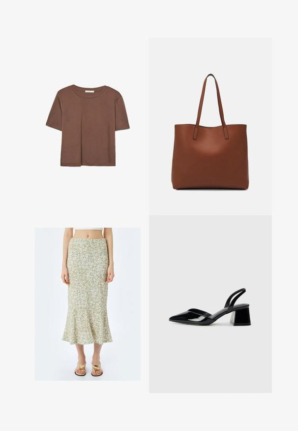 Korte mouwen T-shirt in bruin, gemaakt van een zachte stof, met een ronde halslijn en een relaxte pasvorm. Geen zichtbare patronen of accenten.; Koton MIDI - A-lijn rok - green; Zwarte gepatineerde leren slingback hakken met een spitse neus en een geometrische blokhak. Kenmerkt zich door een slank, minimalistisch ontwerp en een gladde textuur.; Bruine leren tote bag met een gladde textuur, een ontwerp met een open bovenkant en twee schouderbanden. Kenmerkt zich door minimale stiksels en geen zichtbare hardware.