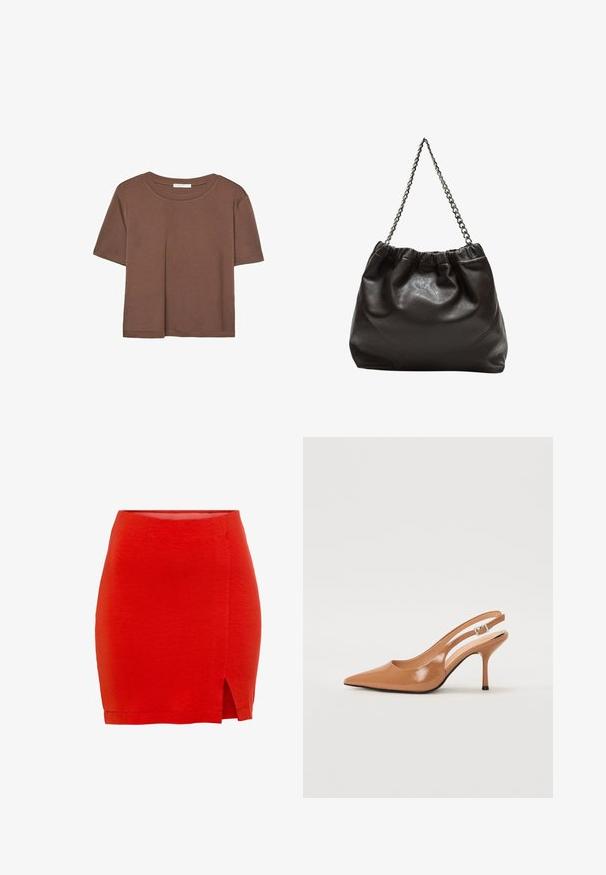 Smeđi kratki rukav majica od mekog materijala, s okruglim izrezom i opuštenim krojem. Nema vidljivih uzoraka ili naglasaka.; Crvena pletena suknja s prilagođenim dizajnom, s bočnim prorezom i rubom koji se nalazi tik iznad sredine bedra. Gladak tekstur, jednostavna izrada.; Sandal s petom u obliku šiljastog prsta od glatkog, sjajnog smeškastog materijala. Ima zakrivljeni izrez i vitku štiklu. Detalj s srebrnom kopčom.; Smeđa kožna torba s naboranim vrhom i lančićem za nošenje. Glatka tekstura s sjajnim završetkom i suptilnim šavnim detaljima sa strane.