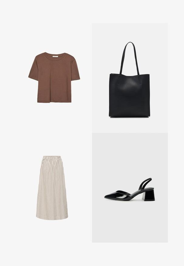 Braunes, kurzärmliges T-Shirt aus weichem Material mit rundem Halsausschnitt und lockerer Passform. Keine sichtbaren Muster oder Akzente.; Leichte A-Linien-Midiskirt in Creme mit dünnen braunen vertikalen Streifen. Mit elastischem Bund und glattem, fließendem Stoff.; Schwarze Lackleder-Slingback-High Heels mit spitzem Schuh und einem geometrischen Blockabsatz. Verfügt über ein schlankes, minimalistisches Design und eine glatte Textur.; Schwarze Laptoptasche aus Leder mit glatter Textur, rechteckiger Form und zwei langen Griffen. Keine sichtbaren Beschläge oder Verzierungen.