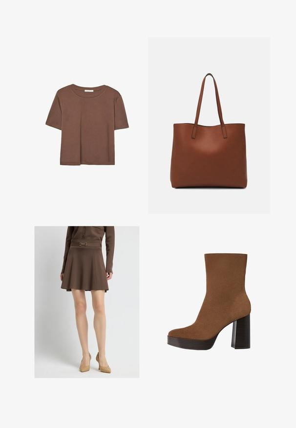 Brązowa koszulka z krótkim rękawem, wykonana z miękkiego materiału, z okrągłym dekoltem i luźnym krojem. Brak widocznych wzorów lub akcentów.; Brąskowa spódnica typu dzwon z dopasowanym pasem, zdobiona dekoracyjnymi elementami. Teksturowany materiał o gładkim wykończeniu. Połączona z plecionymi szpilkami z ostrym noskiem.; Brązowe zamszowe botki sięgające kostki z zaokrąglonym noskiem, masywnym czarnym paskiem na obcasie i gładką powierzchnią. Charakteryzują się dopasowanym krojem bez widocznych elementów metalowych.; Brązowa skórzana torba tote o gładkiej fakturze, z otwartym wierzchem i dwoma ramiączkami. Charakteryzuje się minimalnym przeszyciem i brakiem widocznych elementów metalowych.
