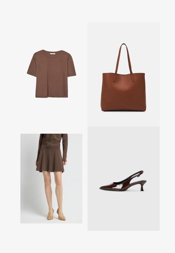 Hnědé tričko s krátkým rukávem vyrobené z měkké látky, s kulatým výstřihem a volným střihem. Bez viditelných vzorů nebo dekorací.; Hnědá áčková sukně s přiléhavým pasem a dekoračními prvky. Texturovaná látka s hladkým povrchem. Spárované s tkanými lodičkami s špičatou špičkou.; Hnědé lakované kožené slingback boty s špičatou špičkou a mírným podpatkem. Disponují přezkou pro bezpečné upevnění. Hladký povrch.; Hnědá kožená taška přes rameno s hladkou texturou, otevřeným designem a dvěma ramenními popruhy. Obsahuje minimální švy a žádné viditelné kovové prvky.