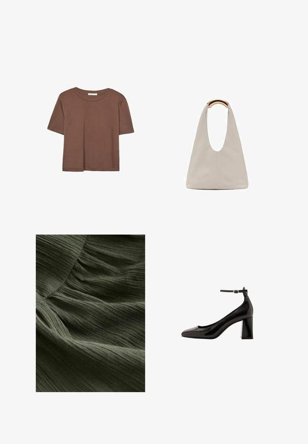 Hnědé tričko s krátkým rukávem vyrobené z měkké látky, s kulatým výstřihem a volným střihem. Bez viditelných vzorů nebo dekorací.; Zelená plisovaná látka zblízka, s jemným texturovaným povrchem, který má tenké, vlnité linie a lehký, splývavý vzhled.; Černé lakované lodičky s ankletovým páskem, lesklým povrchem, špičatou špičkou a silným blokovým podpatkem. Hladký povrch, minimální detaily.; Světlá šedá kožená taška s U-tvarovaným designem a zakřivenou kovovou rukojetí. Hladký povrch s minimálním šitím a bez viditelných vzorů.