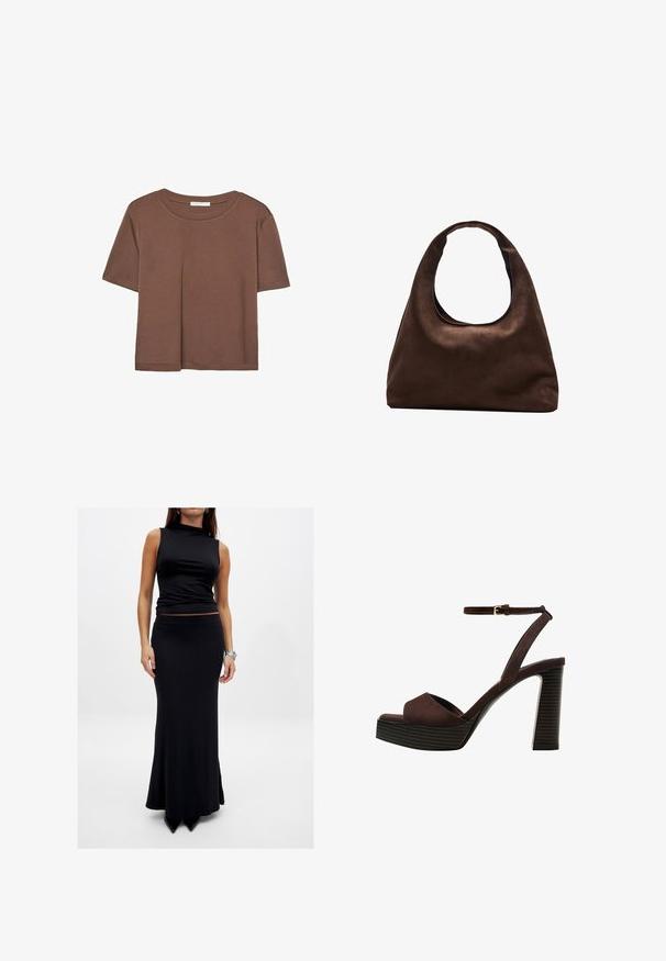 T-shirt marron à manches courtes en tissu doux, avec un col rond et une coupe décontractée. Aucun motif ni accent visible.; Haut noir sans manches avec un col montant, associé à une jupe maxi noire ajustée. Les deux vêtements sont fabriqués en tissu lisse et ne présentent aucun motif.; Sandale à talons hauts en suede marron avec un bout ouvert, une bride de cheville réglable et une semelle de plateforme rayée.; Sac à main en toile marron doux de style hobo avec une large sangle unique et une ouverture en haut arrondie, présenté sur un fond blanc.