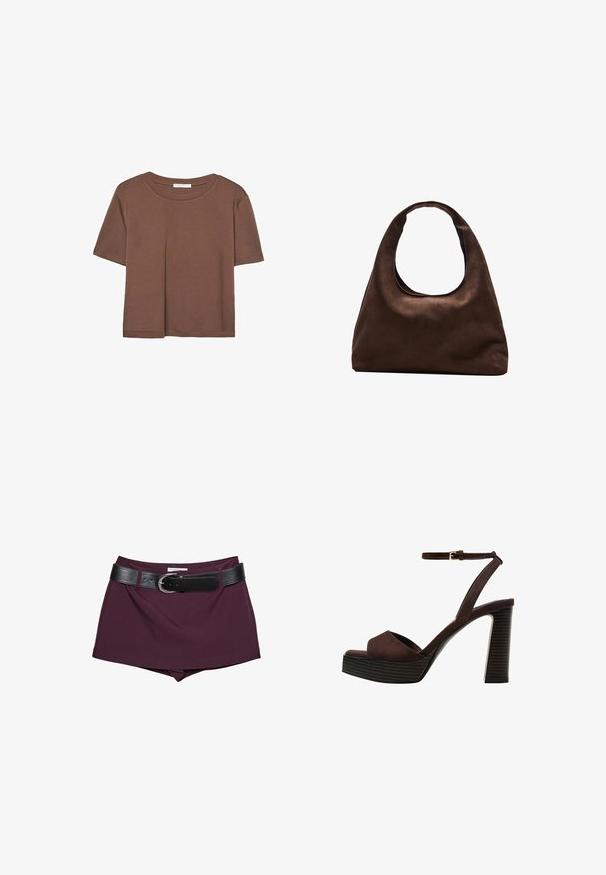 Brązowa koszulka z krótkim rękawem, wykonana z miękkiego materiału, z okrągłym dekoltem i luźnym krojem. Brak widocznych wzorów lub akcentów.; Bordowe szorty z czarnym skórzanym paskiem. Projekt cechuje gładka tekstura i dopasowany krój, z szerokim paskiem zapinanym na klamrę.; Brązowe zamszowe sandały na wysokim obcasie z odkrytymi palcami, regulowanym paskiem na kostce i paskowatą podeszwą.; Miękka, brązowa torebka w stylu hobo z jedną szeroką rączką i wyprofilowanym otwarciem, wyeksponowana na białym tle.