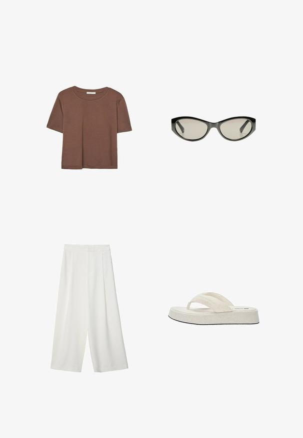 Maglietta a maniche corte marrone realizzata in tessuto morbido, con scollatura rotonda e vestibilità rilassata. Nessun motivo o dettaglio visibile.; Pantaloni bianchi a gamba larga e cropped con una texture liscia, caratterizzati da una parte anteriore piatta e senza chiusure o tasche visibili.; Infradito beige con tomaia in tessuto testurizzato, due cinturini e suola piatta e ammortizzata con fondo nero. Design semplice e minimalista.; Occhiali da sole neri a forma di occhio di gatto con lenti grigie. La montatura in plastica presenta bordi affilati e una finitura liscia e lucida.