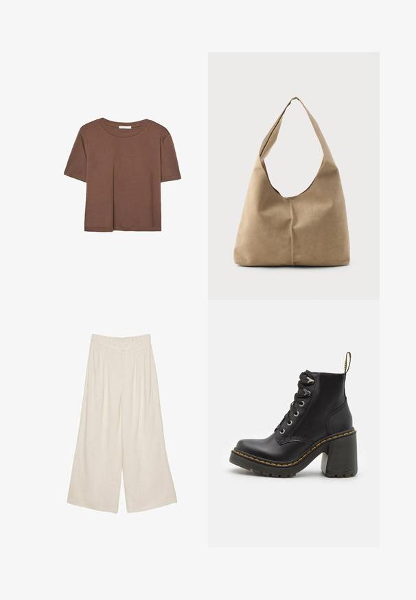 Smeđi kratki rukav majica od mekog materijala, s okruglim izrezom i opuštenim krojem. Nema vidljivih uzoraka ili naglasaka.; Linen hlače širokog kroja svijetlosmeđe boje s nabranim dizajnom i elastičnom elastikom za udobnost i jednostavno oblačenje.; Crne kožne gležnjače s robusnom visokim potpeticom, vezanjem sprijeda, metalnim rupicama i žutim šavovima uz potplat. Teksturirana guma na potplatu.; Torba hobo u mekanom bež antilopu s opuštenim oblikom, širokim remenom za rame i ručno šivenim detaljem na prednjoj strani.