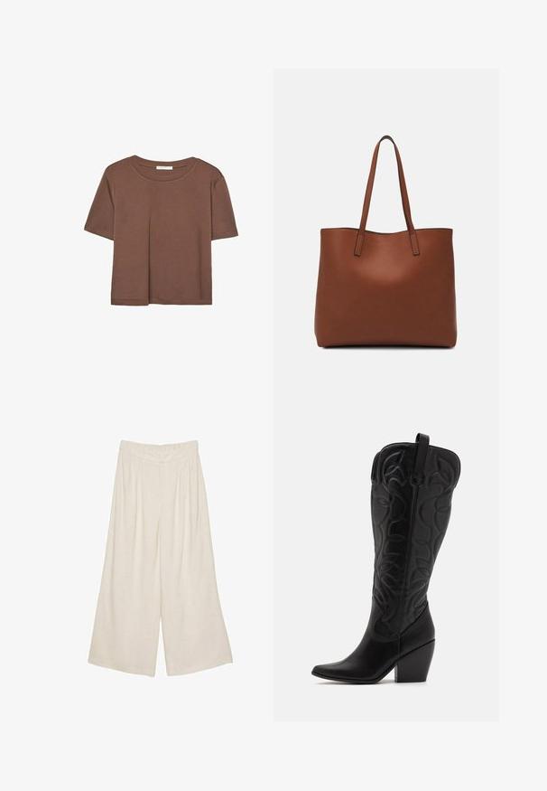 Hnedé tričko s krátkym rukávom vyrobené z jemného materiálu, s okrúhlym výstrihom a voľným strihom. Žiadne viditeľné vzory ani akcenty.; Ľahké béžové široké nohavice z ľanu s plisovaným designom a elastickým pásom pre pohodlie a jednoduché nosenie.; Čierne kožené kovbojské topánky s vysokým zúžením a zakrivenými stehovými vzormi, špicatou špičkou a hrubým podpätkom.; Hnedá kožená taška na rameno s hladkou textúrou, otvoreným vrchom a dvoma ramenými popruhmi. Má minimálne šitia a žiadne viditeľné kovania.
