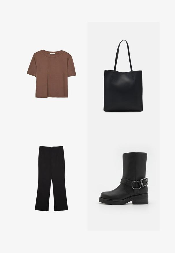 Maglietta a maniche corte marrone realizzata in tessuto morbido, con scollatura rotonda e vestibilità rilassata. Nessun motivo o dettaglio visibile.; Pantaloni neri a gamba dritta, con tasche frontali e spacchi laterali all'orlo. Realizzati in tessuto morbido e liscio. Adatti a diverse occasioni.; Stivale alla caviglia in pelle nera con punta arrotondata, tacco spesso e una striscia decorativa con fibbia attorno alla caviglia. Finitura testurizzata.; Borsa tote in pelle nera con texture liscia, forma rettangolare e due manici lunghi. Nessun hardware o decorazione visibile.