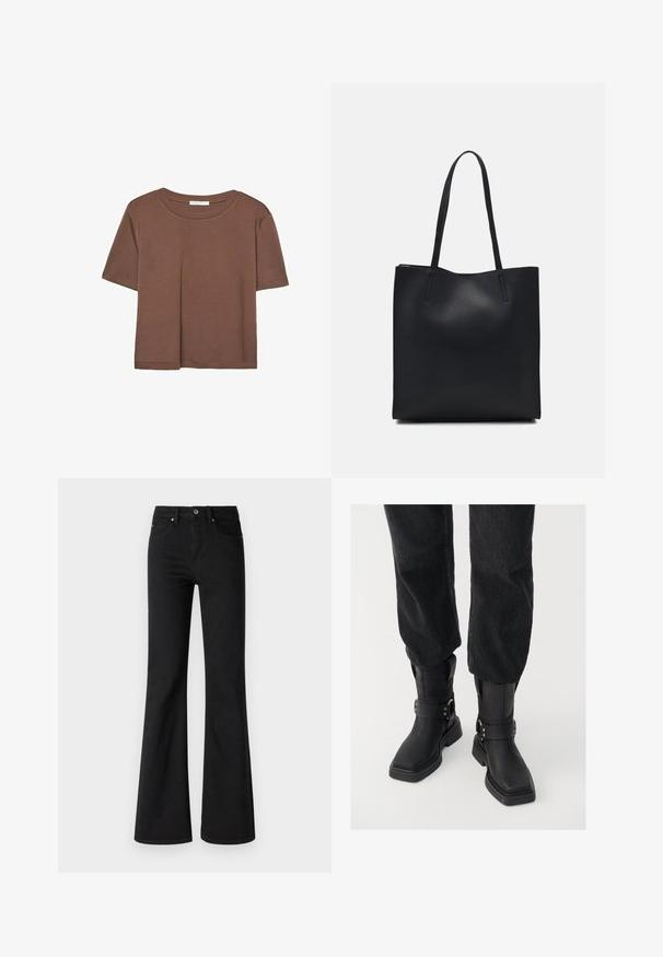 Rjava kratka majica s kratkimi rokavi iz mehkega materiala, s krožnim izrezom in ohlapnim krojem. Brez vidnih vzorcev ali dodatkov.; Črne flare jeans hlače iz denima z visokim pasom, ki imajo pet žepov, sprednji gumb in zadrgo, gladka tekstura.; Črne usnjene gležnjarje s kvadratnim nosom, ki vsebujejo širok trak in podrobnost z metalno zaponko. Gležnjarji imajo debelo podplat in gladko teksturo.; Črna usnjena torba s svilnato teksturo, pravokotne oblike in dvema dolgima ročajema. Brez vidnih metalnih delov ali okrasnih elementov.