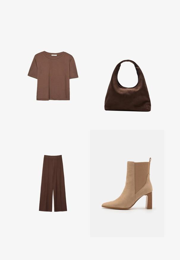 Brązowa koszulka z krótkim rękawem, wykonana z miękkiego materiału, z okrągłym dekoltem i luźnym krojem. Brak widocznych wzorów lub akcentów.; Brązowe spodnie o szerokich nogawkach, wykonane z miękkiego materiału, z wysokim stanem, pionowymi szwami i gładką fakturą.; Beżowe botki za kostkę wykonane z zamszu, z elastycznymi bocznymi panelami, spiczastym noskiem oraz paskowym obcasem w paski. Posiadają zapiętek na tyle.; Miękka, brązowa torebka w stylu hobo z jedną szeroką rączką i wyprofilowanym otwarciem, wyeksponowana na białym tle.