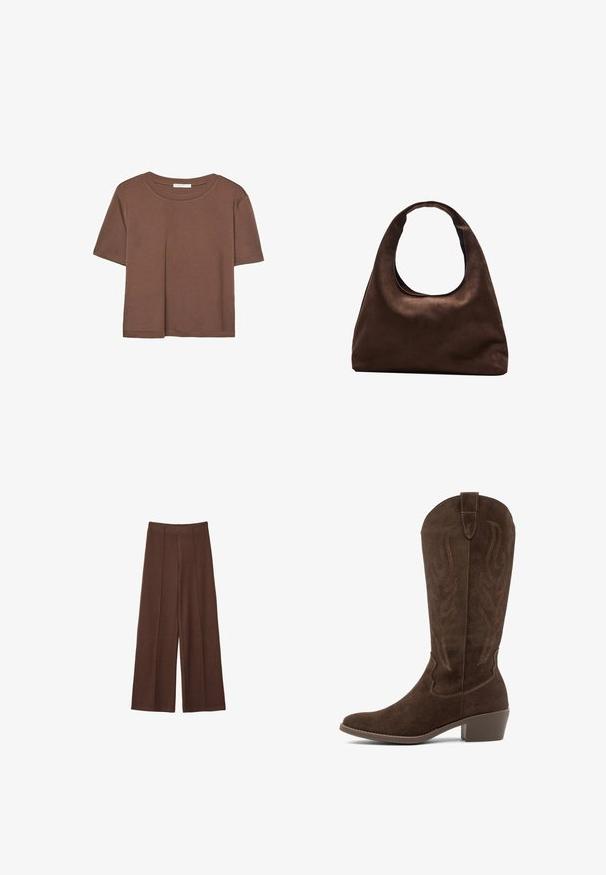 Smeđi kratki rukav majica od mekog materijala, s okruglim izrezom i opuštenim krojem. Nema vidljivih uzoraka ili naglasaka.; Smeđe široke hlače izrađene od meke tkanine, s visokim strukom, vertikalnim šavovima i glatkom teksturom.; Smešane smeđe kauboj čizme od antilopa s dekorativnim šavovima, srednjim blok petom i izvlačnom trakom na bijeloj pozadini.; Meka mekana smeđa torba hobo stila s jednim širokim remenom i zakrivljenim otvaranjem na vrhu, prikazana na bijeloj pozadini.