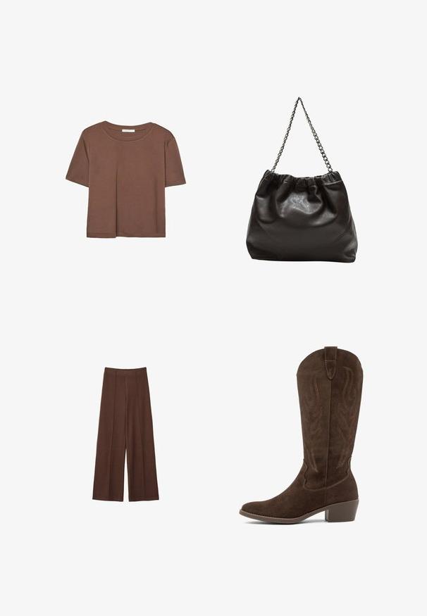 Smeđi kratki rukav majica od mekog materijala, s okruglim izrezom i opuštenim krojem. Nema vidljivih uzoraka ili naglasaka.; Smeđe široke hlače izrađene od meke tkanine, s visokim strukom, vertikalnim šavovima i glatkom teksturom.; Smešane smeđe kauboj čizme od antilopa s dekorativnim šavovima, srednjim blok petom i izvlačnom trakom na bijeloj pozadini.; Smeđa kožna torba s naboranim vrhom i lančićem za nošenje. Glatka tekstura s sjajnim završetkom i suptilnim šavnim detaljima sa strane.