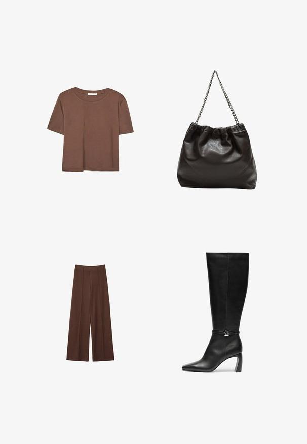 Hnedé tričko s krátkym rukávom vyrobené z jemného materiálu, s okrúhlym výstrihom a voľným strihom. Žiadne viditeľné vzory ani akcenty.; Hnedé široké nohavice vyrobené z mäkkej tkaniny, s vysokým párom, vertikálnym švom a hladkou textúrou.; Čierne kožené čižmy po kolená s špicatou špičkou a masívnym podpätkom. Obsahujú pásik s okrúhlou ozdobou na členku.; Hnedá kožená taška so zberaným vrchom a reťazovým popruhom. Hladký povrch s lesklým finišom a jemným švom po stranách.