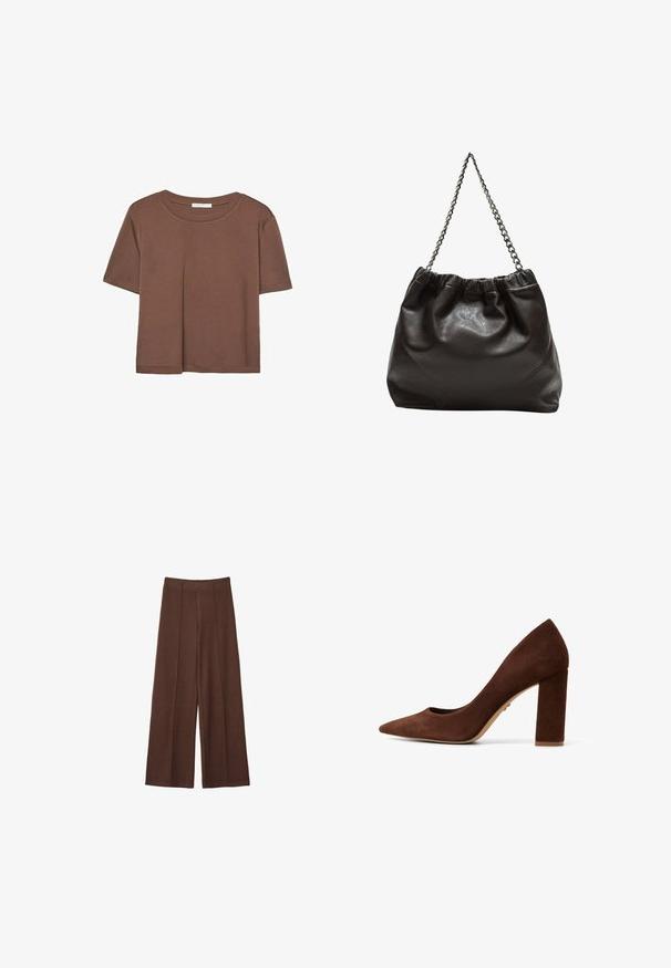 Brun kortärmad t-shirt i mjukt tyg, med rund halsringning och avslappnad passform. Inga synliga mönster eller detaljer.; Bruna vida byxor gjorda av mjukt tyg, med hög midja, vertikala sömdetaljer och en slät yta.; Bruna mockaklackar med spetsig tå och bred klack. Slät textur och minimalistisk design. Ingen synlig hårdvara eller mönster.; Brun läderväska med rynkad topp och kedjesnodd. Slät textur med en blankslipad yta och subtila sömdetaljer på sidorna.