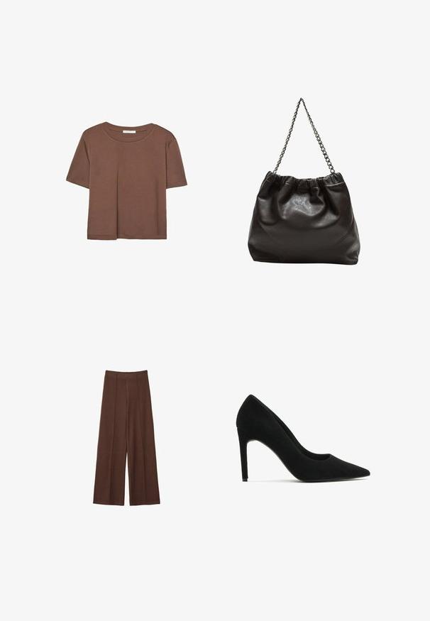 Hnedé tričko s krátkym rukávom vyrobené z jemného materiálu, s okrúhlym výstrihom a voľným strihom. Žiadne viditeľné vzory ani akcenty.; Hnedé široké nohavice vyrobené z mäkkej tkaniny, s vysokým párom, vertikálnym švom a hladkou textúrou.; Čierne semišové lodičky s vysokým podpätkom, so špicatou špičkou, hladkou textúrou a elegantným siluetou; obsahujú tenký podpätok a minimalistický dizajn.; Hnedá kožená taška so zberaným vrchom a reťazovým popruhom. Hladký povrch s lesklým finišom a jemným švom po stranách.