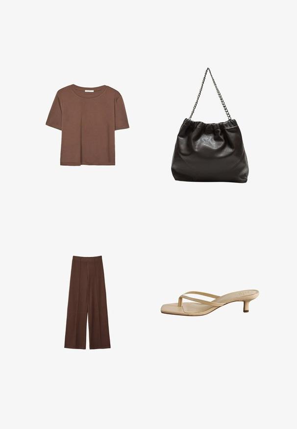 Kahvinsävyinen lyhythihainen t-paita, joka on valmistettu pehmeästä kankaasta. Pyöreä pääntie ja rento malli. Ei näkyviä kuvioita tai koristeita.; Ruskeat leveälahkeat housut pehmeästä kankaasta, joissa on korkea vyötärö, pystysaumadetailit ja sileä pinta.; Beige korkokengät, joissa on neliön muotoinen kärki. Valmistettu sileästä materiaalista, ohuiden hihnojen ja matalan lohkokannan kanssa.; Ruskea nahkainen laukku, jossa on kerätty yläosa ja ketjuhihna. Tasainen pinta, jossa kiiltävä viimeistely ja hienovaraiset sauman yksityiskohdat sivuilla.
