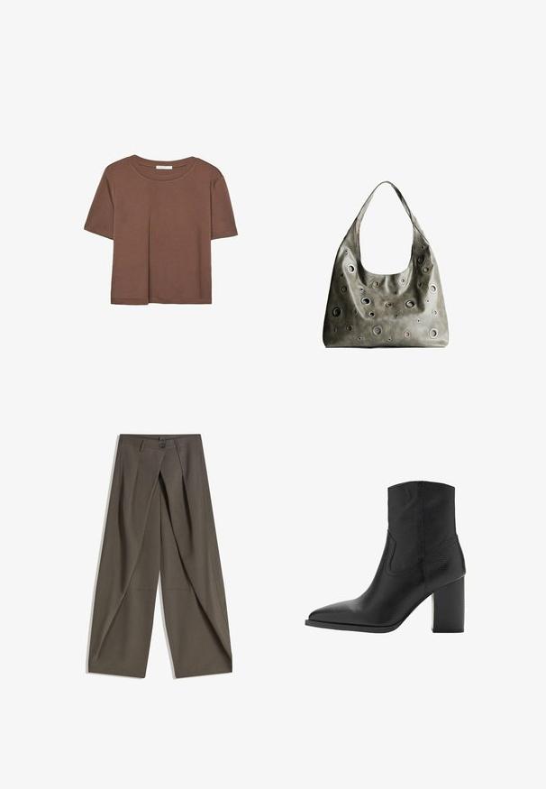 Braunes, kurzärmliges T-Shirt aus weichem Material mit rundem Halsausschnitt und lockerer Passform. Keine sichtbaren Muster oder Akzente.; Weite Hosen aus einem strukturierten, dunkelgrauen Stoff. Mit einer vorderen Faltenlegung, Knopfverschluss und praktischen Seitentaschen ausgestattet.; Schwarze Lederstiefelette mit spitzem Zehenbereich und strukturiertem Blockabsatz, ausgestattet mit einer glatten Textur und minimalen Nähdetails.; Olivgrünes Lederhandtäschchen mit einem lässigen Design, das verschiedene runde Ausschnitte in unterschiedlichen Größen und Akzente in dunkleren und helleren Farbtönen aufweist.