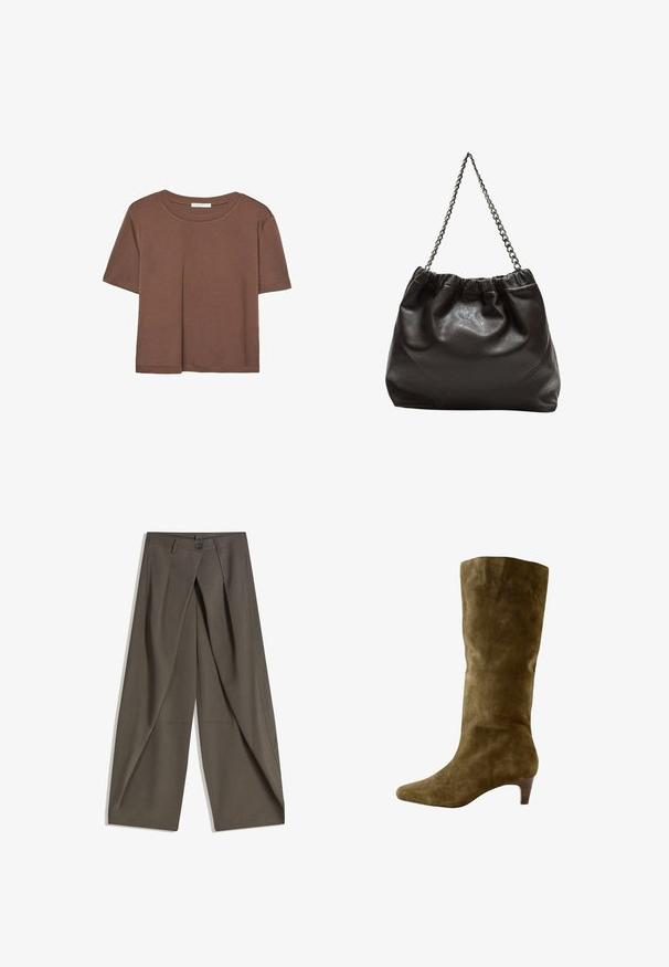 T-shirt marron à manches courtes en tissu doux, avec un col rond et une coupe décontractée. Aucun motif ni accent visible.; Pantalons à jambes larges en tissu texturé gris foncé. Présente un pli avant, une fermeture par bouton et des poches latérales pour plus de praticité.; Next FOREVER COMFORT KNEE HIGH HEELED - Bottes - olive; Sac en cuir marron avec un haut froncé et une bandoulière en chaîne. Texture lisse avec une finition brillante et des coutures subtiles sur les côtés.