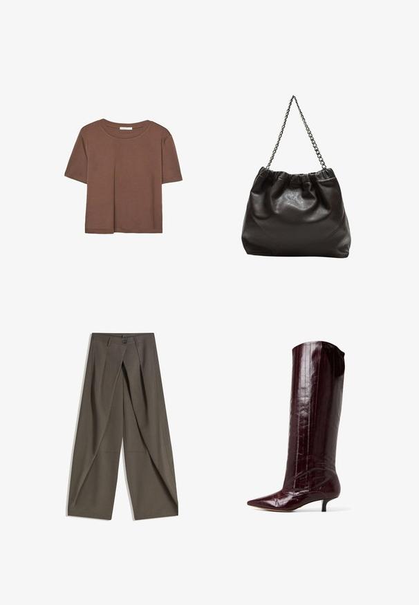 Kahvinsävyinen lyhythihainen t-paita, joka on valmistettu pehmeästä kankaasta. Pyöreä pääntie ja rento malli. Ei näkyviä kuvioita tai koristeita.; Laahustetut leveät housut tummasta harmaasta kankaasta. Varustettu etupleatilla, nappikiinnityksellä ja sivutaskuilla käytännöllisyyden vuoksi.; Burgundin knee-high saapas kiiltävästä paten materiaalista. Ominaisuuksina teräväkärkinen ja kitten-korkoinen lesti, jossa on pystysuorat viivat yksityiskohtina varsissa.; Ruskea nahkainen laukku, jossa on kerätty yläosa ja ketjuhihna. Tasainen pinta, jossa kiiltävä viimeistely ja hienovaraiset sauman yksityiskohdat sivuilla.