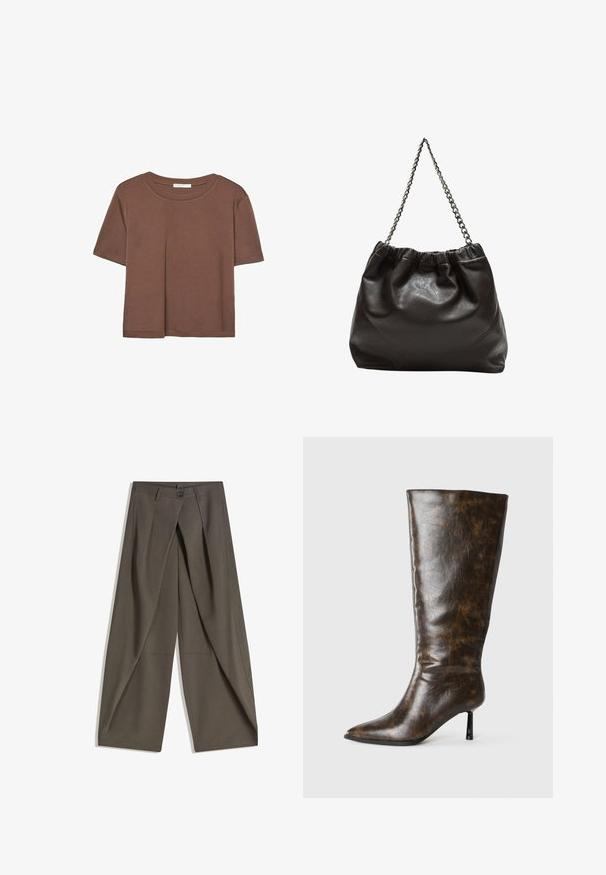Rjava kratka majica s kratkimi rokavi iz mehkega materiala, s krožnim izrezom in ohlapnim krojem. Brez vidnih vzorcev ali dodatkov.; Široke hlače iz teksturiranega temno sive tkanine. Imajo sprednji zarezan, gumb za zapiranje in stranske žepe za praktičnost.; Rjave poškodovane usnjene škornje do kolen s koničastim nosom in tankim špicastim peto na belem ozadju.; Rjava usnjena torba z nabranim vrhom in verižnim trakom. Gladka tekstura z sijajno površino in subtilnimi šivi na straneh.
