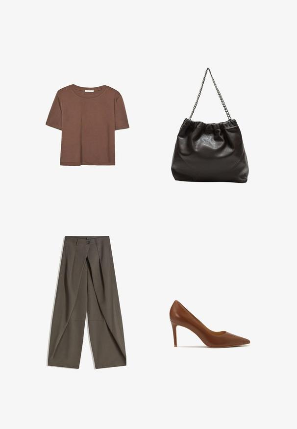 T-shirt marron à manches courtes en tissu doux, avec un col rond et une coupe décontractée. Aucun motif ni accent visible.; Pantalons à jambes larges en tissu texturé gris foncé. Présente un pli avant, une fermeture par bouton et des poches latérales pour plus de praticité.; Escarpin en cuir marron à talon haut avec un nez pointu, présentant une texture lisse et une silhouette épurée, mesurant environ 3 pouces de haut.; Sac en cuir marron avec un haut froncé et une bandoulière en chaîne. Texture lisse avec une finition brillante et des coutures subtiles sur les côtés.