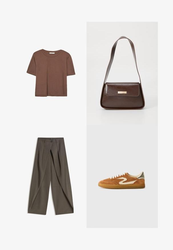 Maglietta a maniche corte marrone realizzata in tessuto morbido, con scollatura rotonda e vestibilità rilassata. Nessun motivo o dettaglio visibile.; Pantaloni a gamba larga realizzati in un tessuto testurizzato grigio scuro. Presentano una piega frontale, chiusura con bottone e tasche laterali per praticità.; Sneaker in suede marroni e crema, con un design zigzag unico, lacci beige e suola in gomma. Dettagli metallici sul tallone.; Borsa a spalla in pelle marrone con una forma strutturata, dotata di chiusura a patta magnetica e un accento di logo metallico sul davanti.