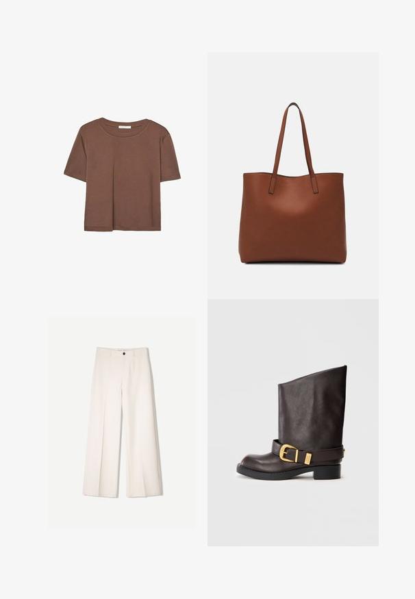 Braunes, kurzärmliges T-Shirt aus weichem Material mit rundem Halsausschnitt und lockerer Passform. Keine sichtbaren Muster oder Akzente.; Cremfarbene weitem Hosen mit maßgeschneidertem Design, ausgestattet mit zwei vorderen Taschen und einem vorderen Knopfverschluss, aus glattem Stoff gefertigt.; Dunkelbraune Lederstiefelette bis zur Wade mit schwarzer Sohle, niedrigem Absatz und dekorativem goldenen Schnallenriemen um den Knöchel, seitlich dargestellt.; Braune Leder-Tote mit glatter Textur, offenem Oberteil und zwei Schulterriemen. Verfügt über minimale Nähte und keine sichtbaren Beschläge.