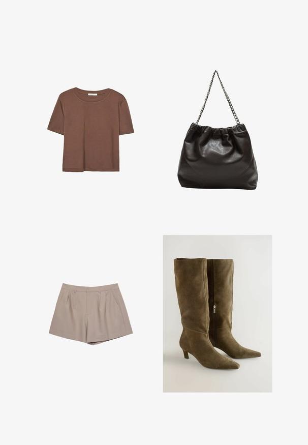 Rjava kratka majica s kratkimi rokavi iz mehkega materiala, s krožnim izrezom in ohlapnim krojem. Brez vidnih vzorcev ali dodatkov.; Bež hlače na visoki pas z obrobnimi zankami, sprednjimi gubami in stranskimi žepi, prikazane na beli podlagi.; Olive zelene semiš škornje do kolen s koničastim nosom in črnim zadrgo ob strani. Imajo zmerno peto in gladko teksturo.; Rjava usnjena torba z nabranim vrhom in verižnim trakom. Gladka tekstura z sijajno površino in subtilnimi šivi na straneh.
