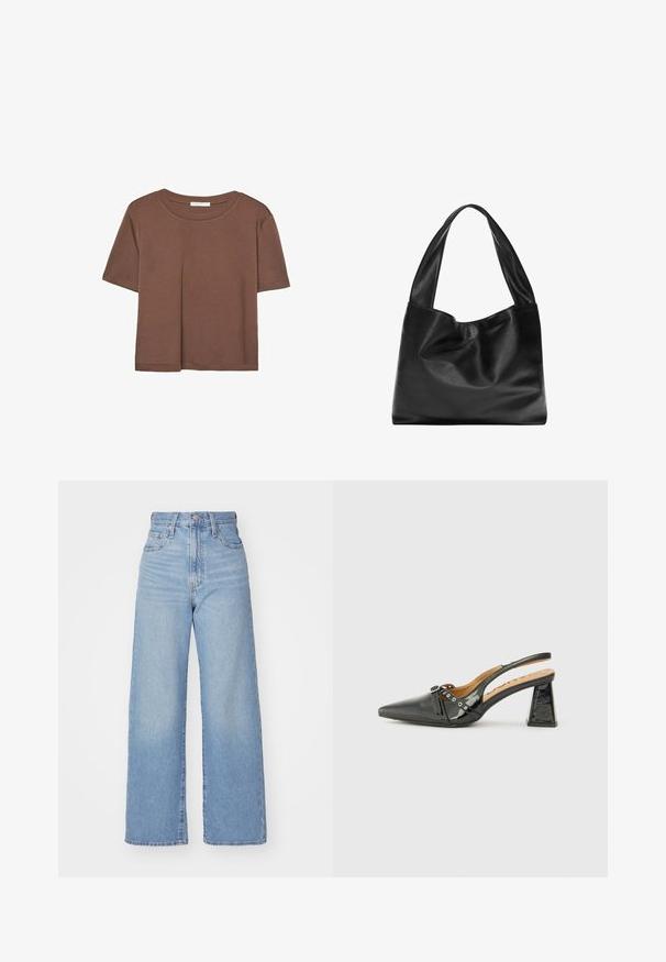 Maglietta a maniche corte marrone realizzata in tessuto morbido, con scollatura rotonda e vestibilità rilassata. Nessun motivo o dettaglio visibile.; Jeans a vita alta blu chiaro con gamba larga, chiusura frontale con bottone e zip, tasche anteriori e posteriori, su uno sfondo bianco.; Scarpa slingback in vitello laccato nero con punta affusolata, tacco triangolare e cinturino decorativo con dettagli in argento. Texture liscia.; Borsa tote in pelle nera con un design morbido e floscio, manici larghi e una texture liscia. Nessun hardware o decorazione visibile.