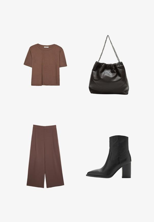 Smeđi kratki rukav majica od mekog materijala, s okruglim izrezom i opuštenim krojem. Nema vidljivih uzoraka ili naglasaka.; Smeđe hlače širokog kroja s glatkom teksturom, koje imaju visok struk i nabore sprijeda. Tkanina je lagana i slobodno se kreće.; Crne kožne gležnjače s šiljastim nosom i strukturiranim blok potpeticom, s glatkom teksturom i minimalnim detaljima šivanja.; Smeđa kožna torba s naboranim vrhom i lančićem za nošenje. Glatka tekstura s sjajnim završetkom i suptilnim šavnim detaljima sa strane.