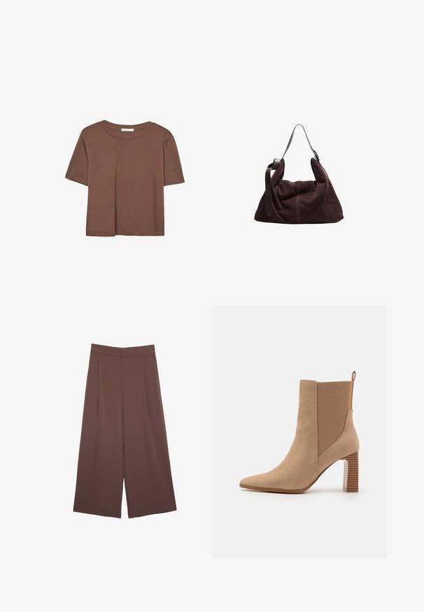 Brązowa koszulka z krótkim rękawem, wykonana z miękkiego materiału, z okrągłym dekoltem i luźnym krojem. Brak widocznych wzorów lub akcentów.; Brązowe spodnie o szerokich nogawkach z gładką fakturą, z wysokim stanem i plisami z przodu. Materiał jest lekki i luźno opada.; Beżowe botki za kostkę wykonane z zamszu, z elastycznymi bocznymi panelami, spiczastym noskiem oraz paskowym obcasem w paski. Posiadają zapiętek na tyle.; Ciemnobrązowa surowa torba hobo na ramię z szerokim, regulowanym skórzanym paskiem oraz miękką, workowatą formą na białym tle.