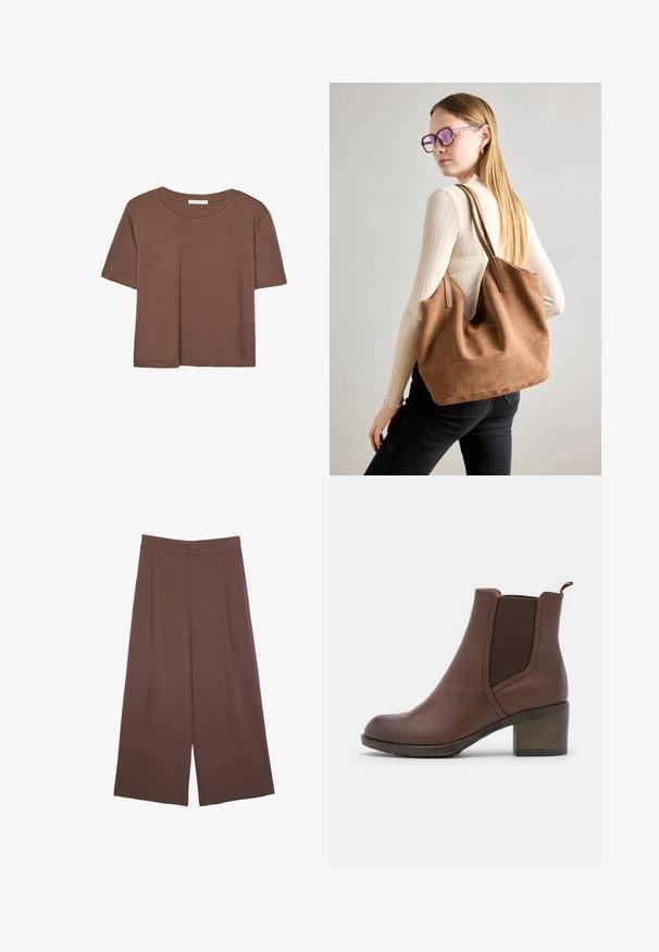 Brun kortärmad t-shirt i mjukt tyg, med rund halsringning och avslappnad passform. Inga synliga mönster eller detaljer.; Bruna vida byxor med en slät textur, som har hög midja och framfickor. Tyget är lätt och flödar löst.; Brun läderankeläka med en slät yta, elastiska sidopaneler, rund tå och en måttlig träklack.; Brun mocka toteväska med mjuk textur, stor öppning och långa axelremmar. Har en enkel design med synliga sömmar och ingen hårdvara.