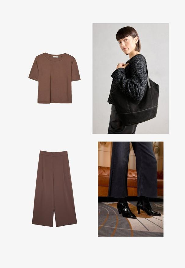 Smeđi kratki rukav majica od mekog materijala, s okruglim izrezom i opuštenim krojem. Nema vidljivih uzoraka ili naglasaka.; Smeđe hlače širokog kroja s glatkom teksturom, koje imaju visok struk i nabore sprijeda. Tkanina je lagana i slobodno se kreće.; Crne čizme do članaka sa šiljastim vrhom i teksturiranom površinom, nošene ispod crnih širokih hlača s frendanim rubovima, na uzorkovanom tepihu.; Crna suede torba s glatkom teksturom, strukturiranim oblikom i kontrastnim šavovima. Ima duge trake za nošenje preko ramena.