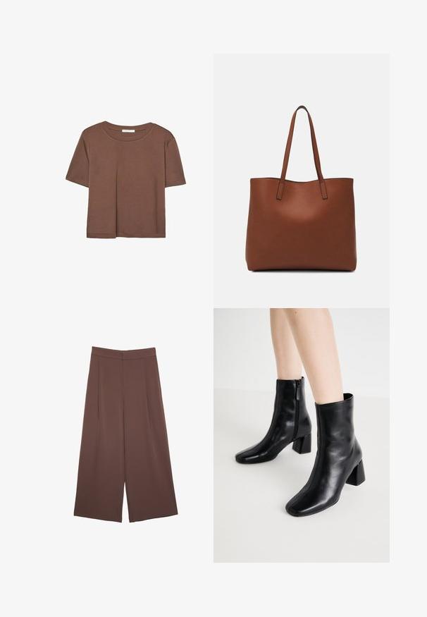 Brun kortærmet t-shirt lavet af blødt stof, med rund halsudskæring og afslappet pasform. Ingen synlige mønstre eller detaljer.; Brune bredbunde bukser med en glat tekstur, der har høj talje og plisseringer foran. Stoffet er let og falder løst.; ONLY SHOES ONLBRIELLE - Ankelstøvler - black; Brun læder tote taske med en glat overflade, åben topdesign og to skulderremme. Har minimal syning og ingen synlig hardware.