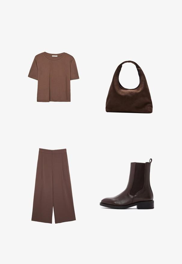 Brązowa koszulka z krótkim rękawem, wykonana z miękkiego materiału, z okrągłym dekoltem i luźnym krojem. Brak widocznych wzorów lub akcentów.; Brązowe spodnie o szerokich nogawkach z gładką fakturą, z wysokim stanem i plisami z przodu. Materiał jest lekki i luźno opada.; Derimod - Botki; Miękka, brązowa torebka w stylu hobo z jedną szeroką rączką i wyprofilowanym otwarciem, wyeksponowana na białym tle.