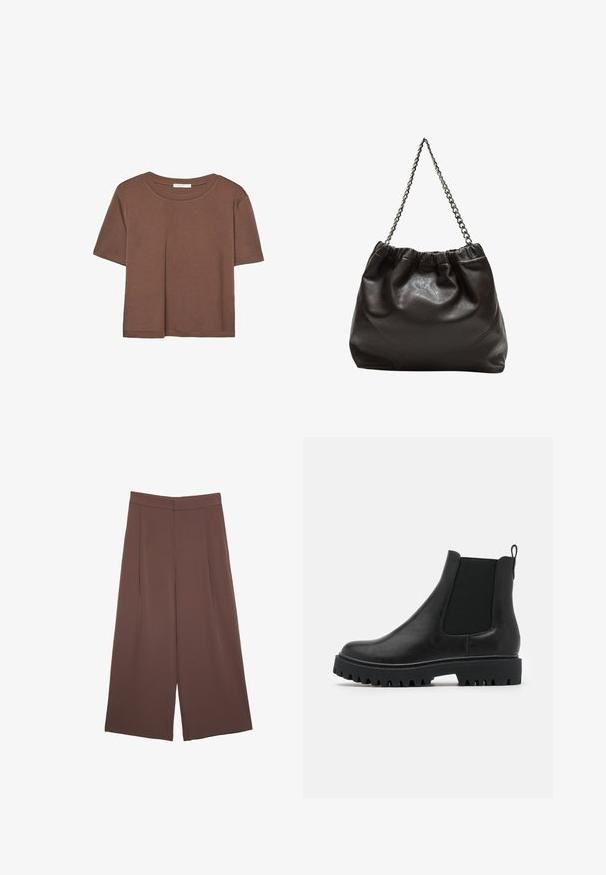 Kahvinsävyinen lyhythihainen t-paita, joka on valmistettu pehmeästä kankaasta. Pyöreä pääntie ja rento malli. Ei näkyviä kuvioita tai koristeita.; Ruskeat leveälahkeiset housut, joissa on sileä pinta, korkea vyötärö ja etupleat. Kangas on kevyttä ja laskeutuu väljänä.; Musta nahkainen Chelsea-boot, jossa on joustavat sivupaneelit, vetoketju ja kova, paksu pohja, jossa on syviä uria pitävyyttä varten.; Ruskea nahkainen laukku, jossa on kerätty yläosa ja ketjuhihna. Tasainen pinta, jossa kiiltävä viimeistely ja hienovaraiset sauman yksityiskohdat sivuilla.