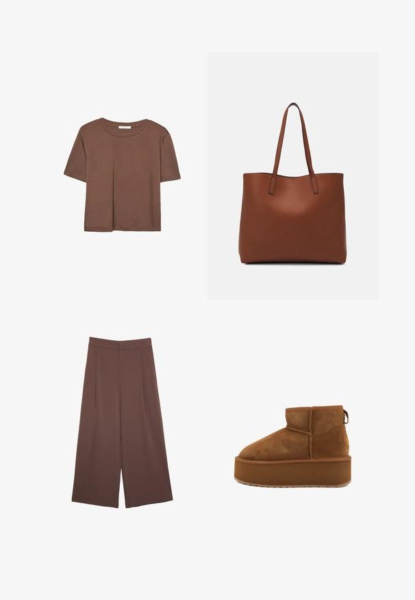 Brun kortärmad t-shirt i mjukt tyg, med rund halsringning och avslappnad passform. Inga synliga mönster eller detaljer.; Bruna vida byxor med en slät textur, som har hög midja och framfickor. Tyget är lätt och flödar löst.; Bruna mocka ankelstövlar med rund tå och plattformssula. Har en liten klack och en ögla för enkel påtagning. Strukturerad yta med sömdekorationer.; Brun läder tote-väska med en slät textur, öppen toppdesign och två axelremmar. Har minimal söm och ingen synlig metalldetalj.