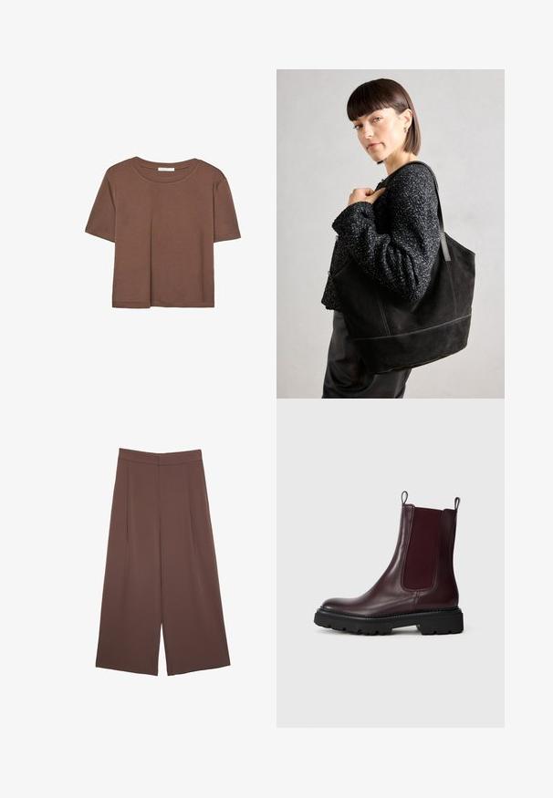 Hnedé tričko s krátkym rukávom vyrobené z jemného materiálu, s okrúhlym výstrihom a voľným strihom. Žiadne viditeľné vzory ani akcenty.; Hnedé nohavice so širokými nohavicami a hladkou textúrou, s vysokým pásom a prednými skladmi. Tkanina je ľahká a voľne sa pohybuje.; Bordové kožené chelsea topánky s elastickými bočnými panelmi, textúrovanou čiernou gumovou podrážkou a úchytkami pre jednoduché obúvanie.; Čierna semišová taška so hladkou textúrou, štruktúrovaným tvarom a kontrastným šitím. Obsahuje dlhé popruhy na nosenie na ramene.