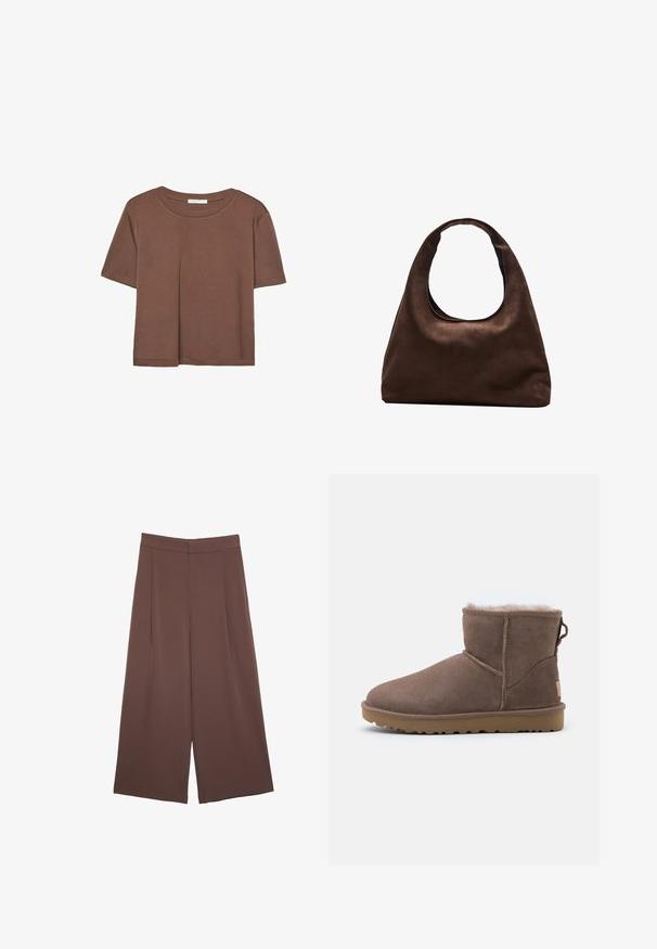 Brun kortærmet t-shirt lavet af blødt stof, med rund halsudskæring og afslappet pasform. Ingen synlige mønstre eller detaljer.; Brune bredbunde bukser med en glat tekstur, der har høj talje og plisseringer foran. Stoffet er let og falder løst.; Brune ruskind ankelstøvle med blødt fleecefôr, rund tå, stikninger og en struktureret gummisål for godt greb.; Blød brun hobo-stil håndtaske med en enkelt bred strop og en buet åbning på toppen, vist på en hvid baggrund.