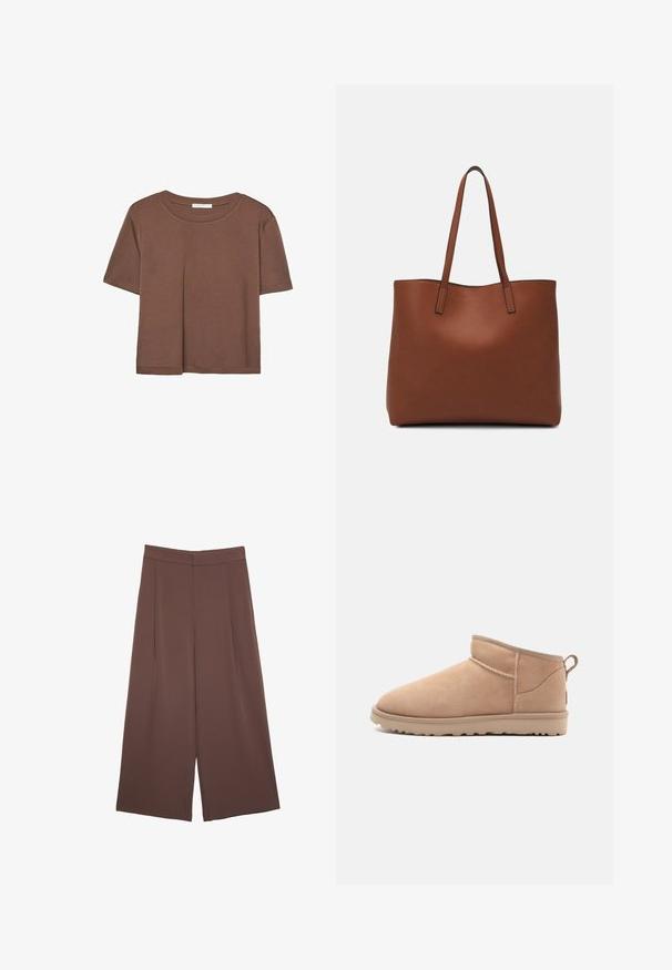 Maglietta a maniche corte marrone realizzata in tessuto morbido, con scollatura rotonda e vestibilità rilassata. Nessun motivo o dettaglio visibile.; Pantaloni ampi marroni con una texture liscia, caratterizzati da una vita alta e pieghe frontali. Il tessuto è leggero e scorre liberamente.; Stivale alla caviglia in suede beige con punta rotonda, texture morbida, design semplice e suola in gomma a profilo basso. Presenta un'etichetta di trazione sul retro.; Borsa tote in pelle marrone con texture liscia, design con apertura superiore e due spallacci. Presenta cuciture minime e nessun hardware visibile.