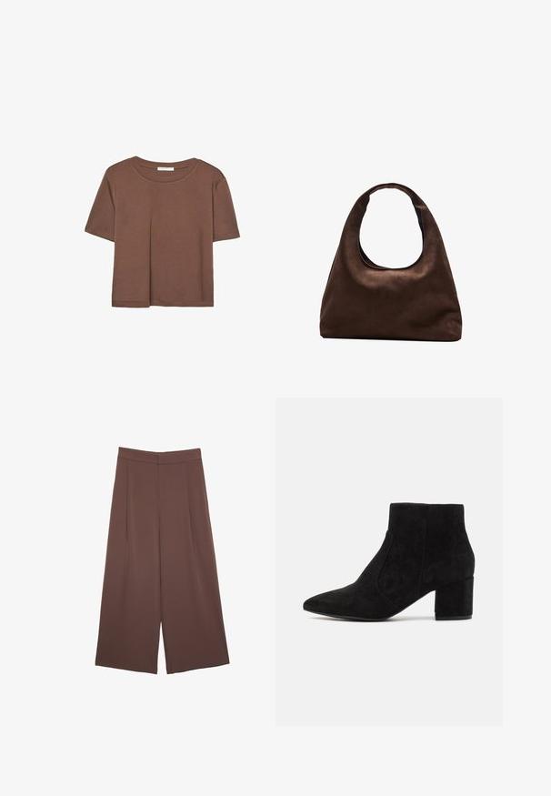 Braunes, kurzärmliges T-Shirt aus weichem Material mit rundem Halsausschnitt und lockerer Passform. Keine sichtbaren Muster oder Akzente.; Braune Weite-Leg-Hosen mit einer glatten Textur, hoher Taille und Vorderfalten. Der Stoff ist leicht und fällt locker.; Schwarze Wildleder-Ankelboots mit spitzem Zeh und Blockabsatz. Das Design ist schlank mit nahtlosen Seitenpaneelen, was einen minimalistischen Look erzeugt.; Weiche braune Hobo-Stil Handtasche mit einem einzigen breiten Trageriemen und einer geschwungenen Oberteilöffnung, auf einem weißen Hintergrund präsentiert.