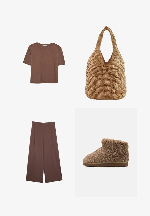 Braunes, kurzärmliges T-Shirt aus weichem Material mit rundem Halsausschnitt und lockerer Passform. Keine sichtbaren Muster oder Akzente.; Braune Weite-Leg-Hosen mit einer glatten Textur, hoher Taille und Vorderfalten. Der Stoff ist leicht und fällt locker.; Braune, flauschige Hausschuhe mit einer weichen, lockigen Textur, niedriger Knöchelhöhe und einem abgerundeten Zehenbereich, mit einer flachen, kontrastierenden Sohle.; Wickeltasche aus geflochtenem Stroh in schlanker Form, hellbraune Farbe, V-förmige Öffnung und mit einem Lederakzentlabel am Boden. Weiche Textur.