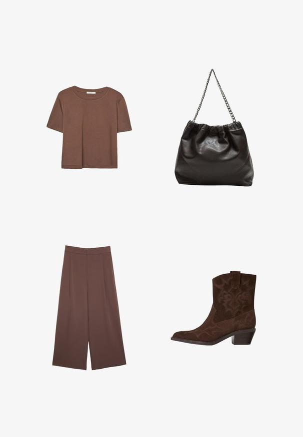 Kahvinsävyinen lyhythihainen t-paita, joka on valmistettu pehmeästä kankaasta. Pyöreä pääntie ja rento malli. Ei näkyviä kuvioita tai koristeita.; Ruskeat leveälahkeiset housut, joissa on sileä pinta, korkea vyötärö ja etupleat. Kangas on kevyttä ja laskeutuu väljänä.; Ruskeat nahka cowboy-saappaat teräväkärkiset, koristeelliset ompelukuviot, nilkkakorkuiset ja kasaantuvat korko. Varustettu vetoketjulla helppoa pukemista varten.; Ruskea nahkainen laukku, jossa on kerätty yläosa ja ketjuhihna. Tasainen pinta, jossa kiiltävä viimeistely ja hienovaraiset sauman yksityiskohdat sivuilla.