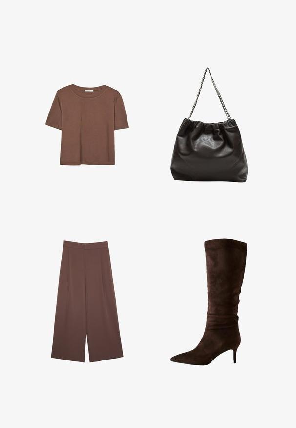 Braunes, kurzärmliges T-Shirt aus weichem Material mit rundem Halsausschnitt und lockerer Passform. Keine sichtbaren Muster oder Akzente.; Braune Weite-Leg-Hosen mit einer glatten Textur, hoher Taille und Vorderfalten. Der Stoff ist leicht und fällt locker.; Braune Wildleder kniehohe Stiefel mit spitzer Zehenpartie und schlankem Absatz. Das Design zeichnet sich durch eine geraffte Textur nahe der Oberseite aus, die für zusätzlichen Detailreichtum sorgt.; Braune Lederhandtasche mit gerafftem Oberteil und Kettenriemen. Glatte Textur mit glänzendem Finish und subtilen Nahtdetails an den Seiten.