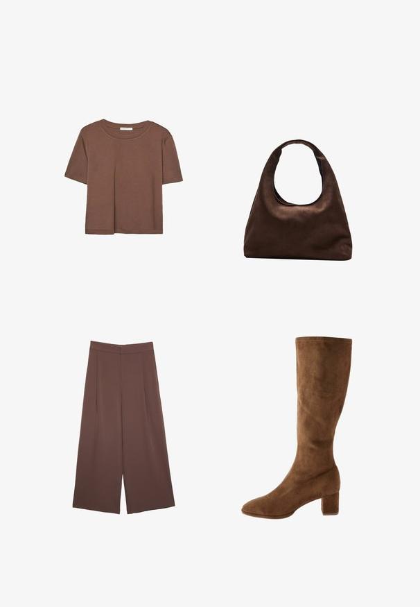 Brun kortärmad t-shirt i mjukt tyg, med rund halsringning och avslappnad passform. Inga synliga mönster eller detaljer.; Bruna vida byxor med en slät textur, som har hög midja och framfickor. Tyget är lätt och flödar löst.; Bruna mockaskinn knähöga stövlar med en spetsig tå och blockklack, som har en slät yta och ren sömnad längs kanterna.; Mjuk brun hobo-väskastil med ett brett axelband och en rundad öppning upptill, visad på en vit bakgrund.